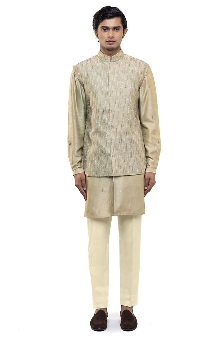 Sage Green Silk Thread Work Bundi Jacket Set by SDS by KUSHAL SHAH at Pernia's Pop Up Shop