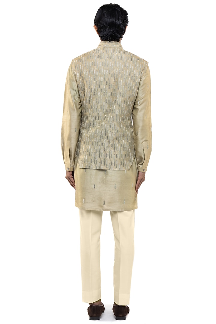 Sage Green Silk Thread Work Bundi Jacket Set by SDS by KUSHAL SHAH at Pernia's Pop Up Shop