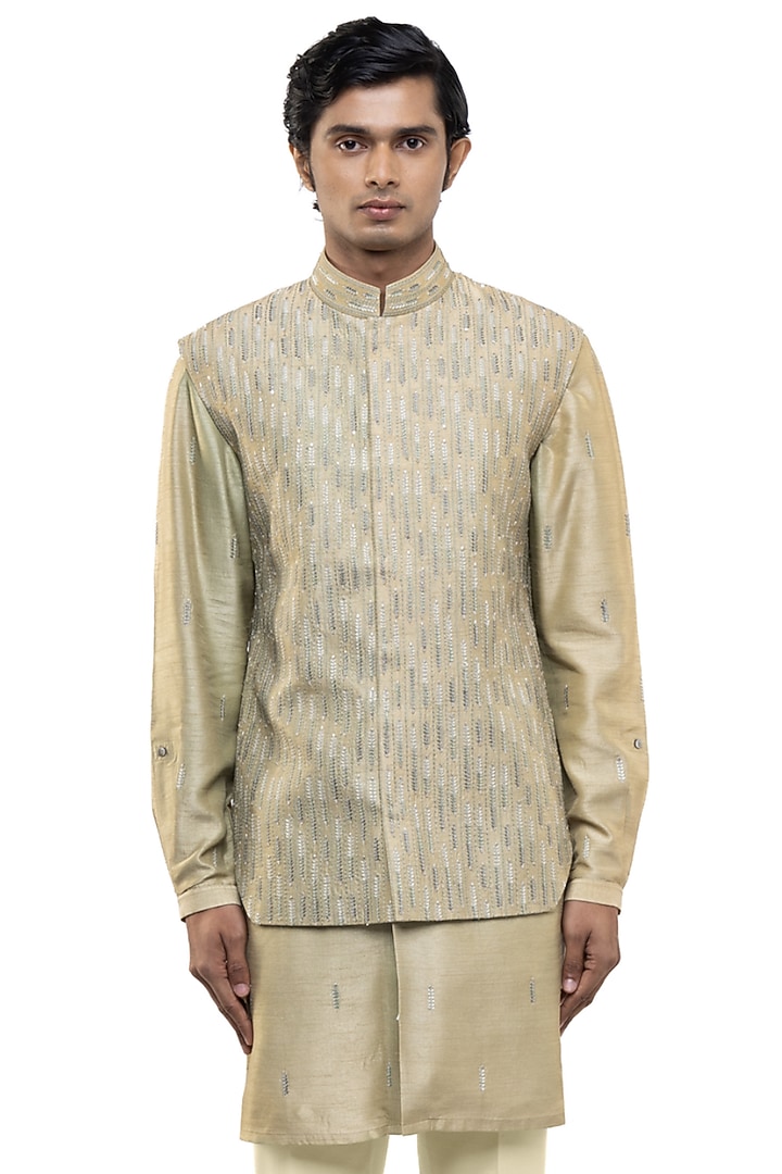 Sage Green Silk Thread Work Bundi Jacket Set by SDS by KUSHAL SHAH at Pernia's Pop Up Shop
