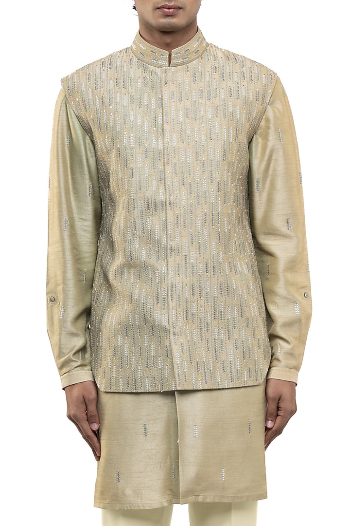 Sage Green Silk Thread Work Bundi Jacket Set by SDS by KUSHAL SHAH at Pernia's Pop Up Shop