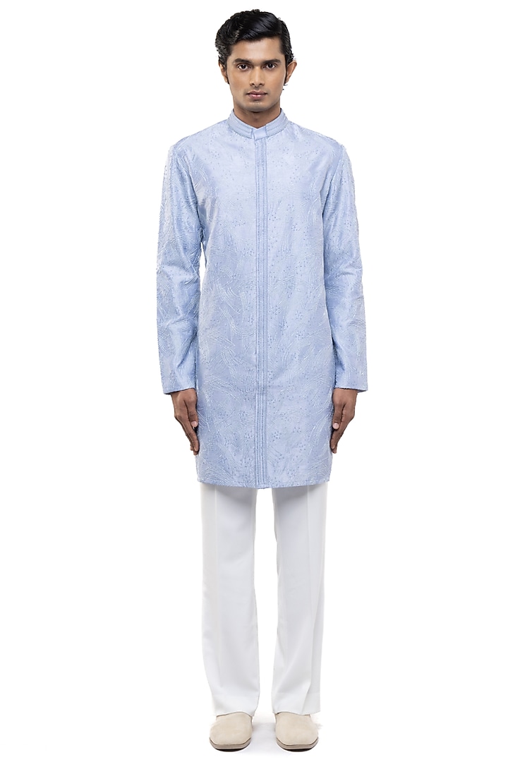Light Blue Silk Hand Embroidered Kurta Set by SDS by KUSHAL SHAH at Pernia's Pop Up Shop