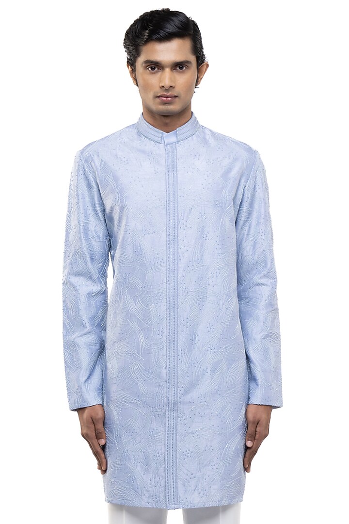 Light Blue Silk Hand Embroidered Kurta Set by SDS by KUSHAL SHAH at Pernia's Pop Up Shop