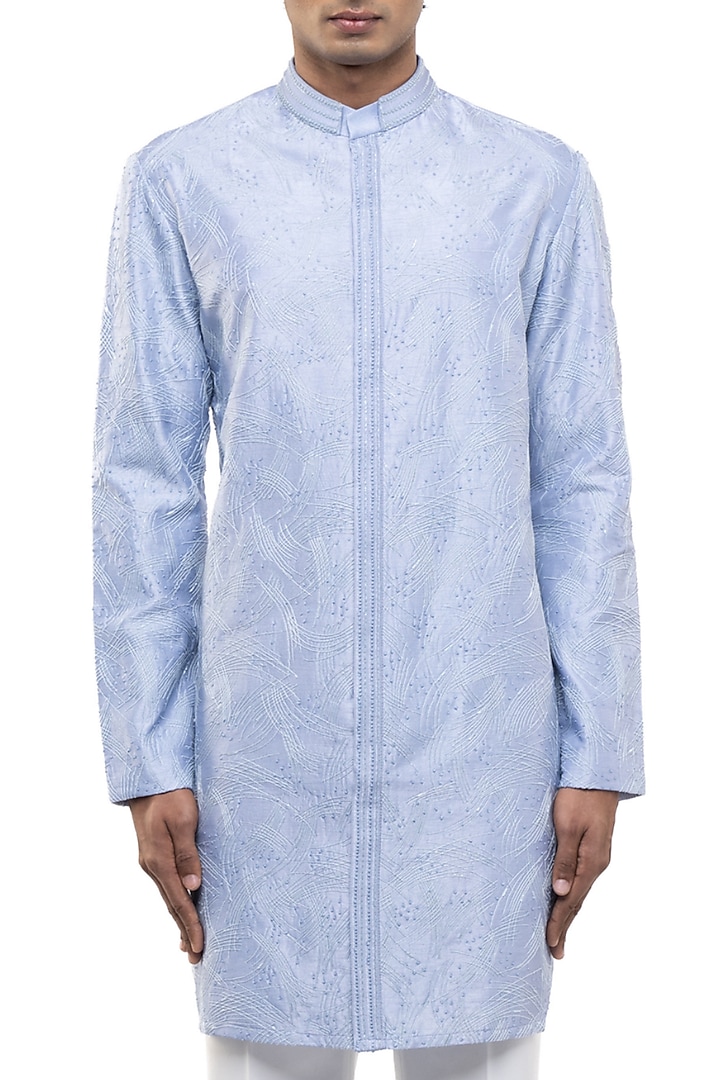 Light Blue Silk Hand Embroidered Kurta Set by SDS by KUSHAL SHAH at Pernia's Pop Up Shop