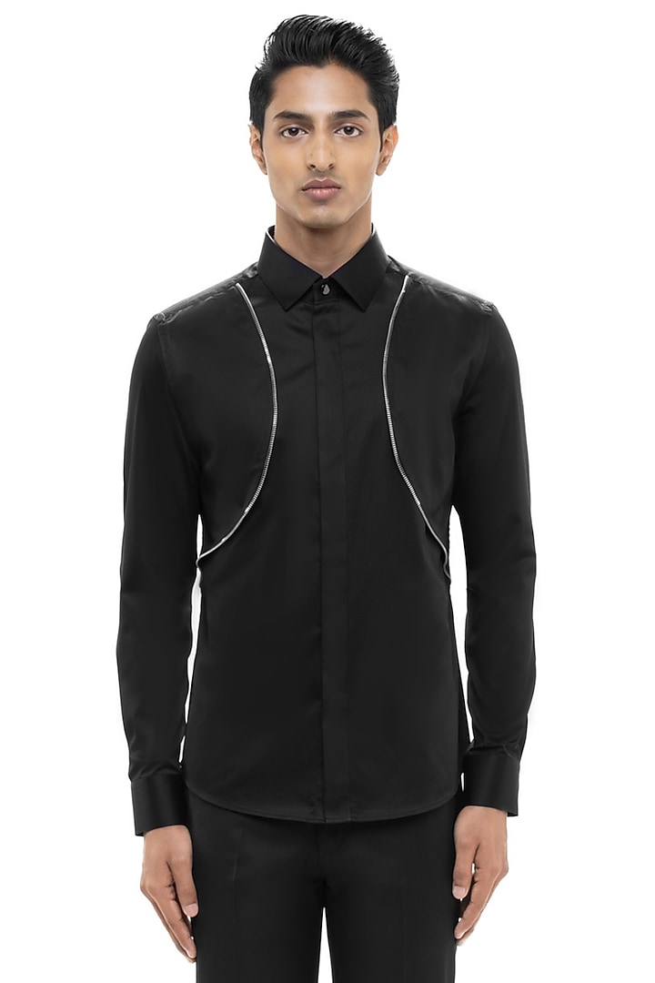 Black Giza Cotton Party Wear Shirt by SDS by KUSHAL SHAH at Pernia's Pop Up Shop