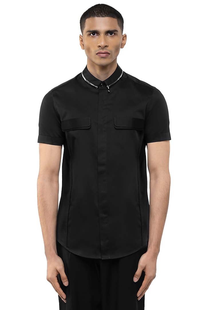 Black Giza Cotton Party Wear Shirt by SDS by KUSHAL SHAH at Pernia's Pop Up Shop