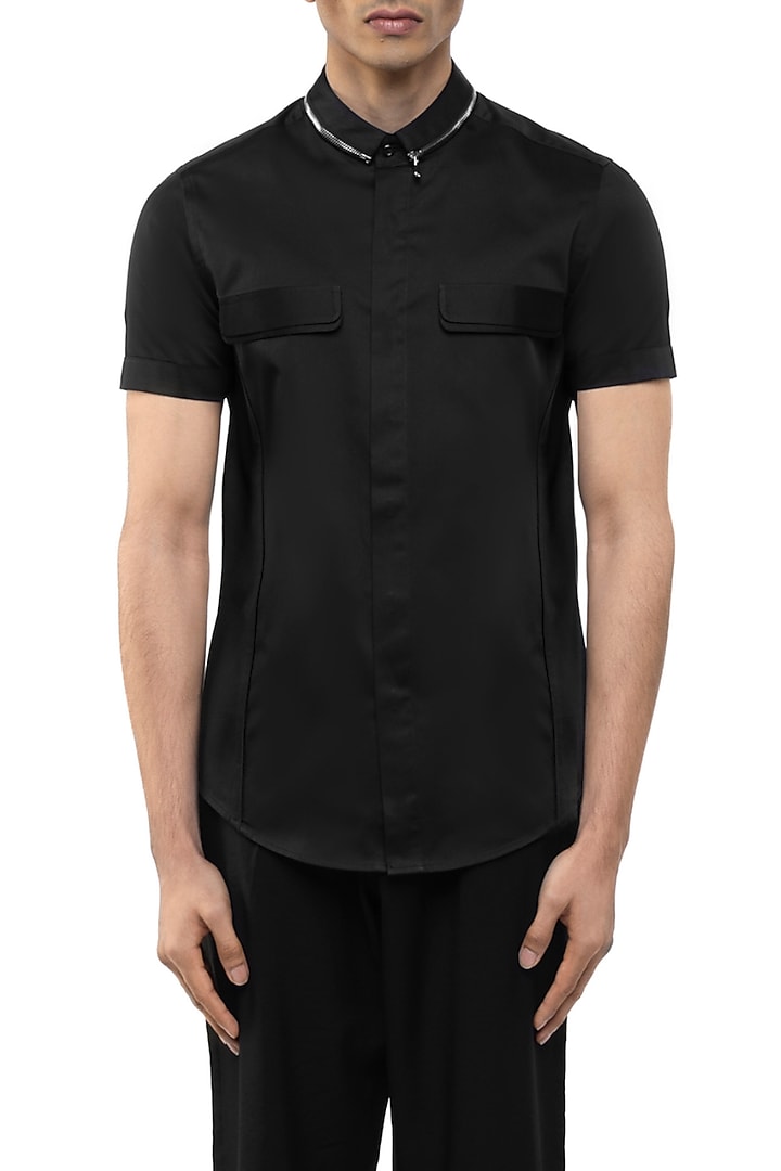 Black Giza Cotton Party Wear Shirt by SDS by KUSHAL SHAH at Pernia's Pop Up Shop