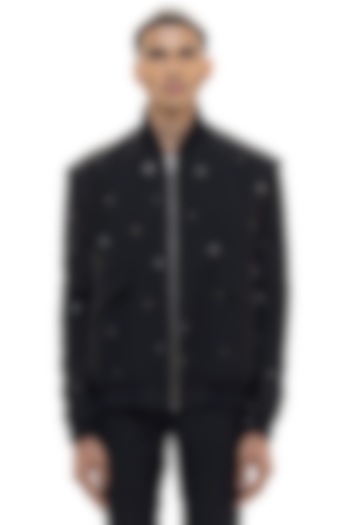 Black Worsted Wool Embellished Bomber Jacket by SDS by KUSHAL SHAH at Pernia's Pop Up Shop