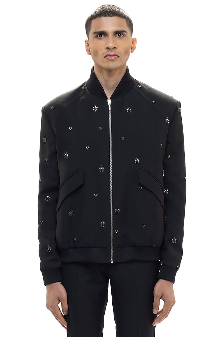 Black Worsted Wool Embellished Bomber Jacket by SDS by KUSHAL SHAH at Pernia's Pop Up Shop