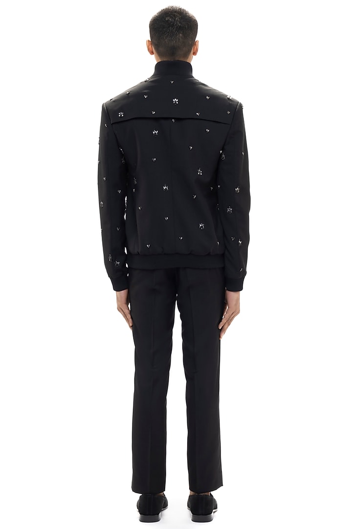 Black Worsted Wool Embellished Bomber Jacket by SDS by KUSHAL SHAH at Pernia's Pop Up Shop