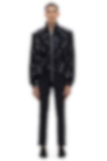 Black Worsted Wool Embellished Bomber Jacket by SDS by KUSHAL SHAH at Pernia's Pop Up Shop