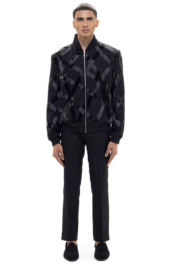 Black Worsted Wool Embellished Bomber Jacket by SDS by KUSHAL SHAH at Pernia's Pop Up Shop