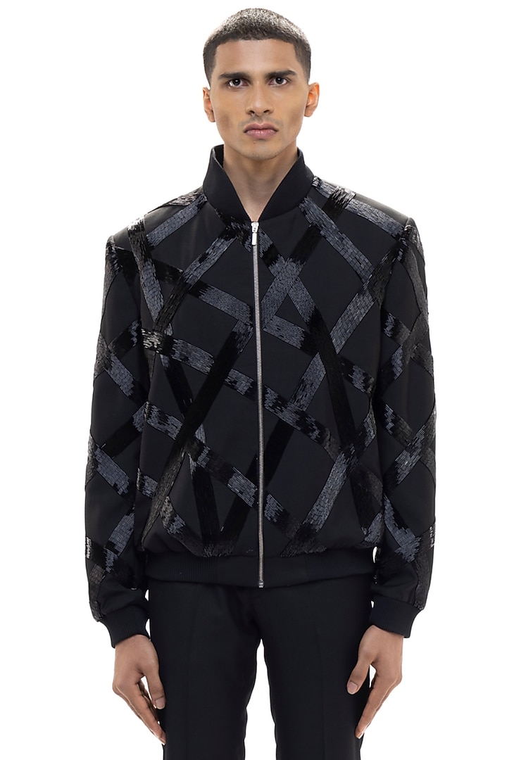 Black Worsted Wool Embellished Bomber Jacket by SDS by KUSHAL SHAH at Pernia's Pop Up Shop