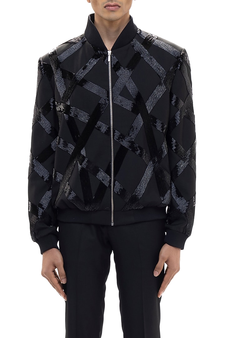 Black Worsted Wool Embellished Bomber Jacket by SDS by KUSHAL SHAH at Pernia's Pop Up Shop