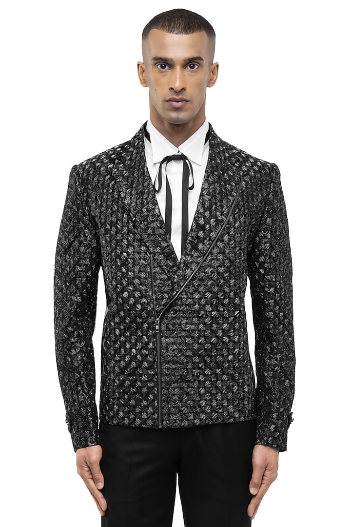 Black Silk Embroidered Jacket by SDS by KUSHAL SHAH at Pernia's Pop Up Shop