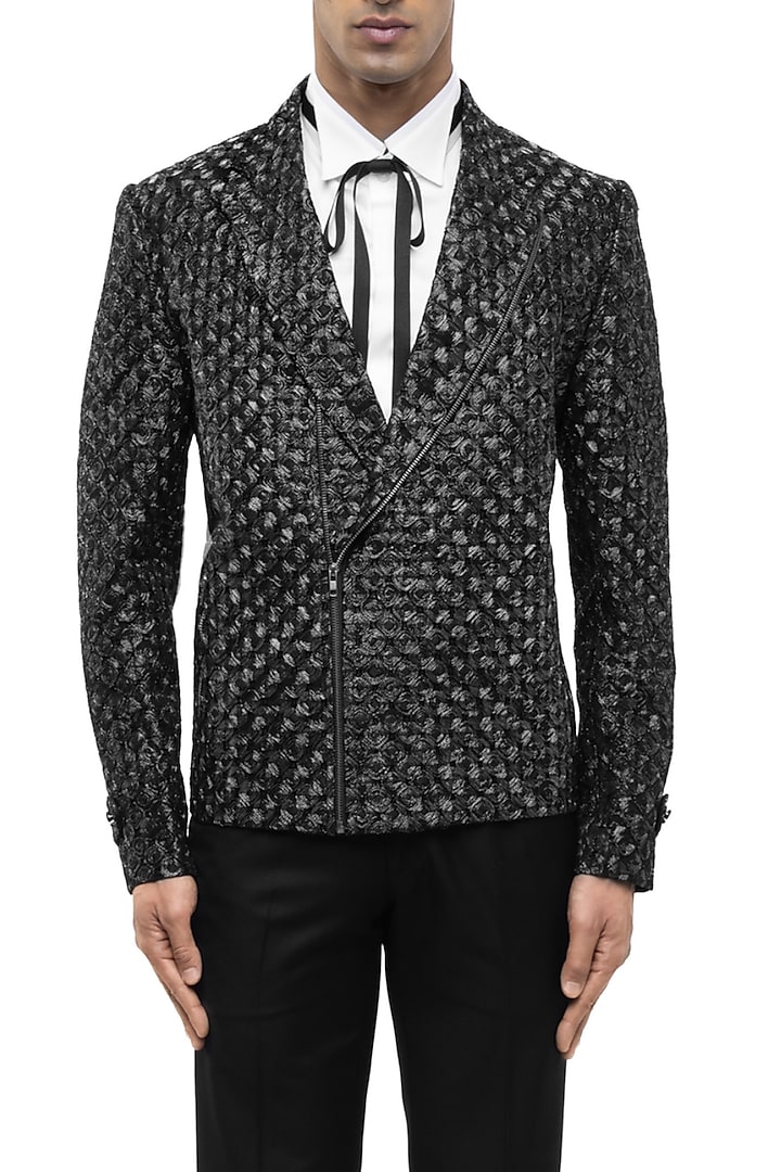 Black Silk Embroidered Jacket by SDS by KUSHAL SHAH at Pernia's Pop Up Shop