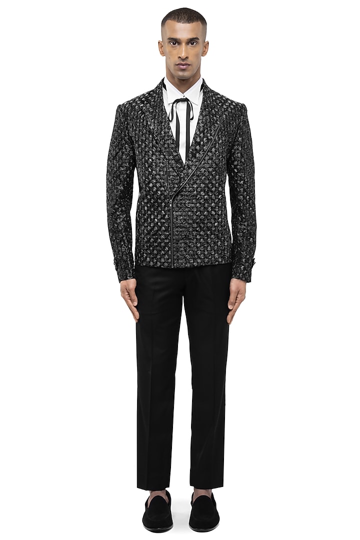 Black Silk Embroidered Jacket by SDS by KUSHAL SHAH at Pernia's Pop Up Shop