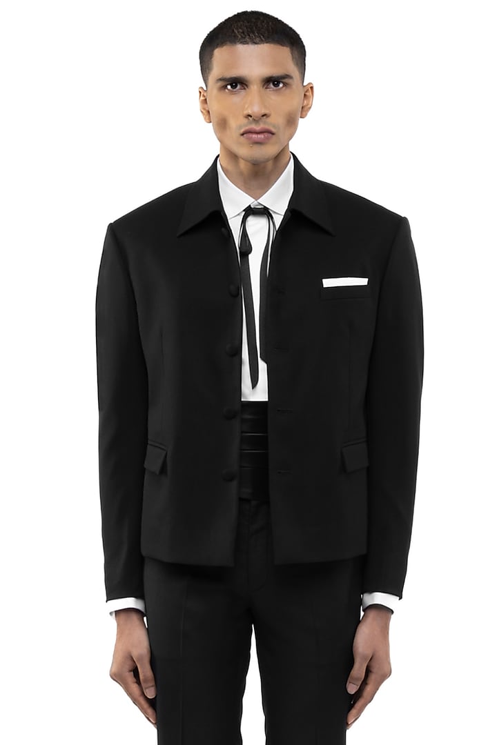 Black Worsted Wool Open Jacket by SDS by KUSHAL SHAH at Pernia's Pop Up Shop
