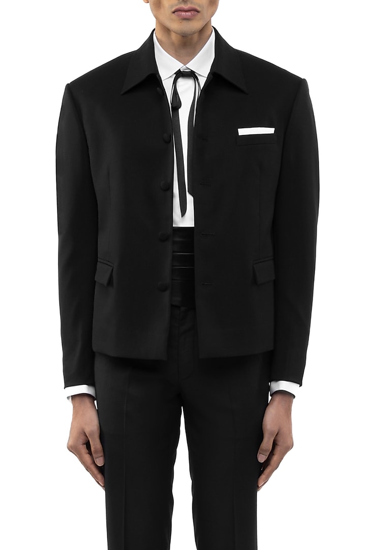 Black Worsted Wool Open Jacket by SDS by KUSHAL SHAH at Pernia's Pop Up Shop