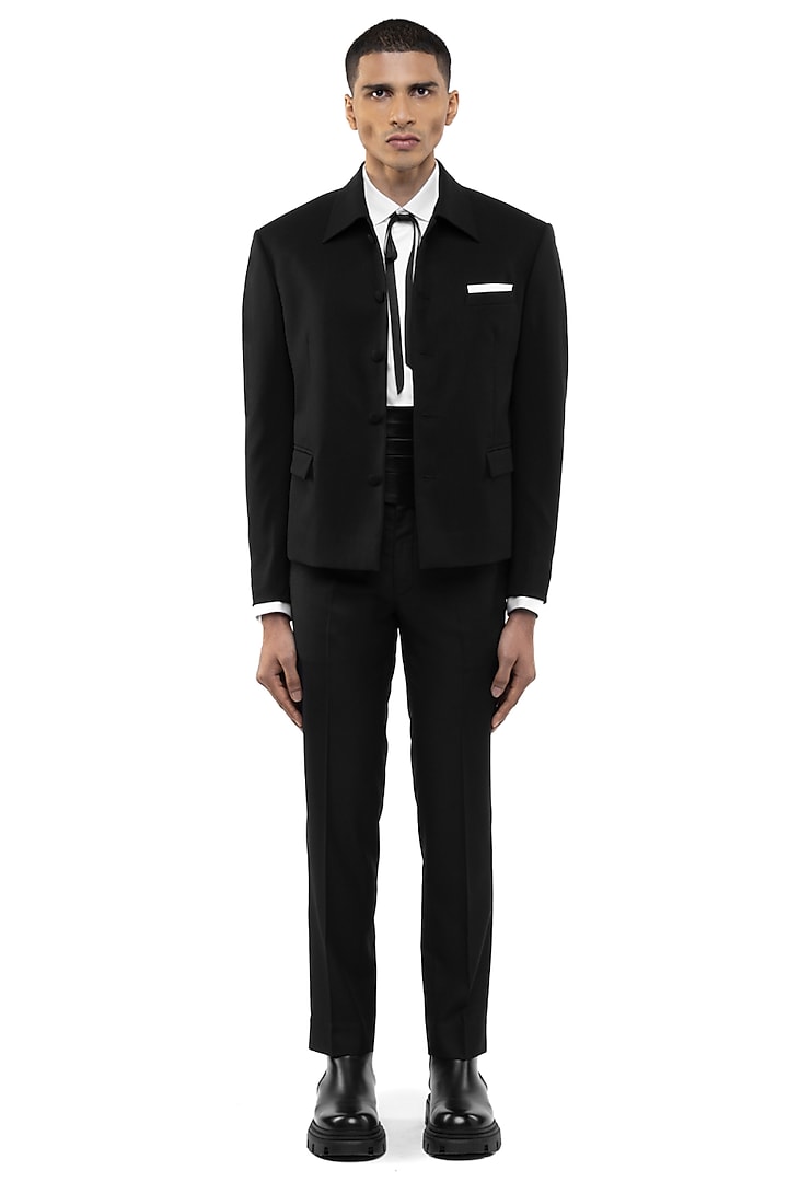 Black Worsted Wool Open Jacket by SDS by KUSHAL SHAH at Pernia's Pop Up Shop