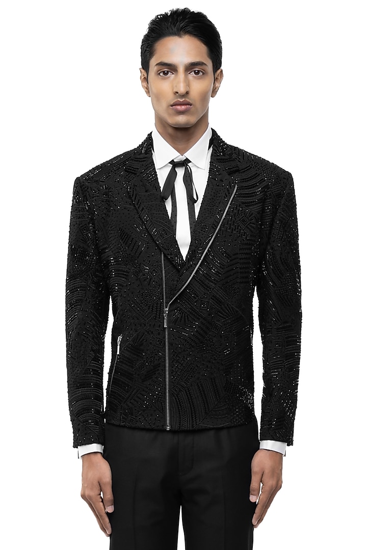 Black Silk Embroidered Jacket by SDS by KUSHAL SHAH at Pernia's Pop Up Shop