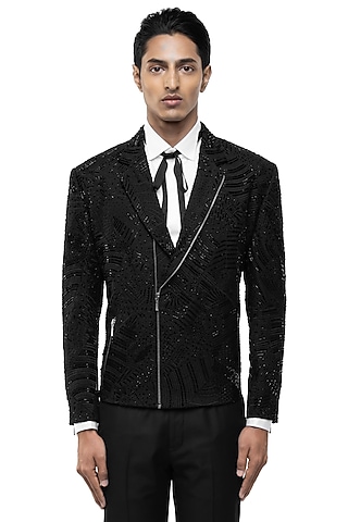 Black Silk Embroidered Jacket by SDS by KUSHAL SHAH