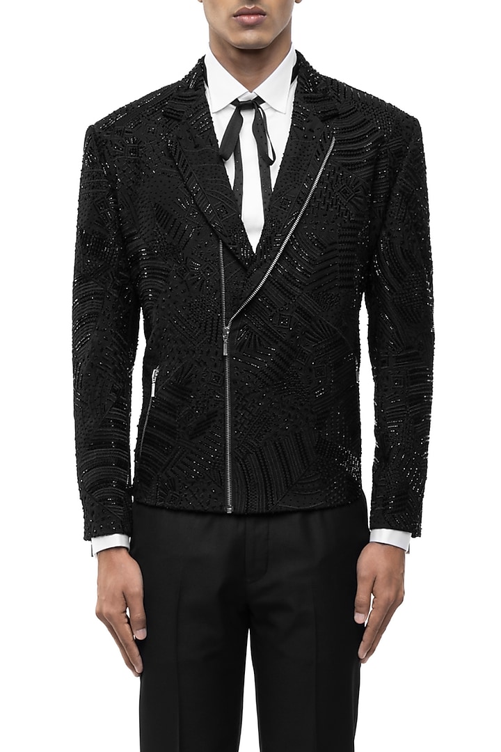 Black Silk Embroidered Jacket by SDS by KUSHAL SHAH at Pernia's Pop Up Shop
