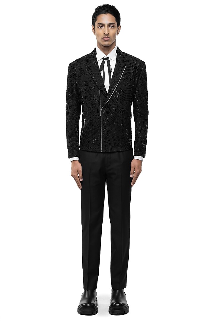 Black Silk Embroidered Jacket by SDS by KUSHAL SHAH at Pernia's Pop Up Shop