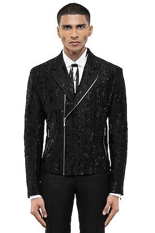 Black Silk Embroidered Jacket by SDS by KUSHAL SHAH