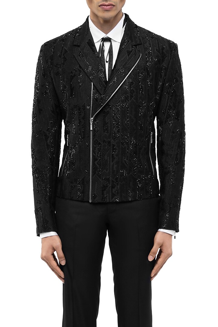 Black Silk Embroidered Jacket by SDS by KUSHAL SHAH at Pernia's Pop Up Shop