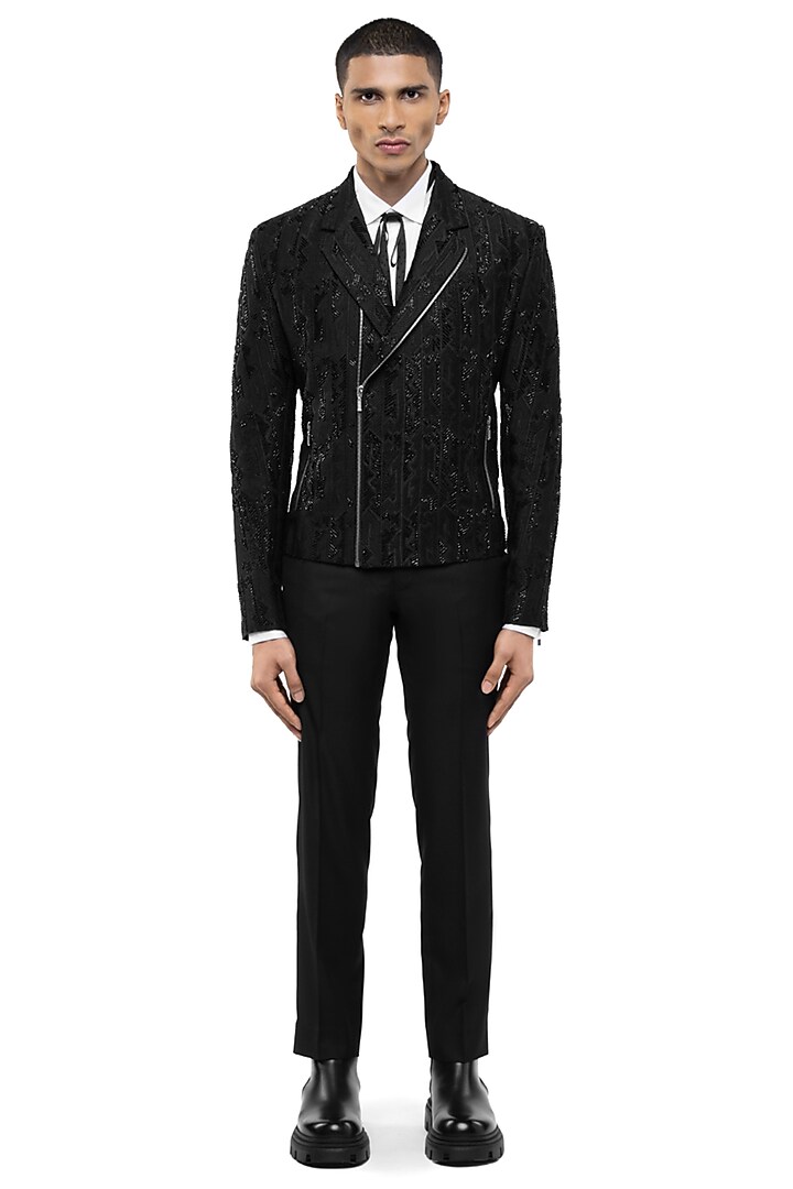 Black Silk Embroidered Jacket by SDS by KUSHAL SHAH at Pernia's Pop Up Shop