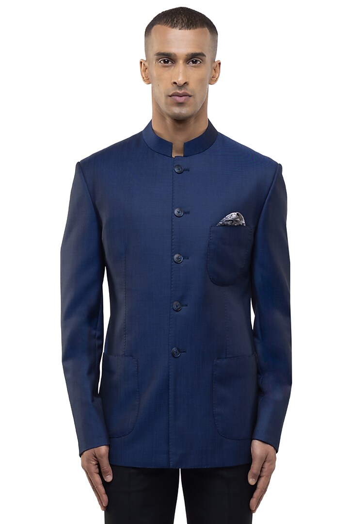 Blue Suiting Groom Bandhgala Set by SDS by KUSHAL SHAH at Pernia's Pop Up Shop