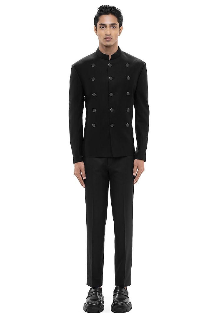 Black Suiting Groom Bandhgala Set by SDS by KUSHAL SHAH at Pernia's Pop Up Shop