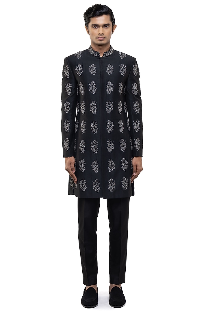 Black Silk Embroidered Groom Sherwani Set by SDS by KUSHAL SHAH at Pernia's Pop Up Shop