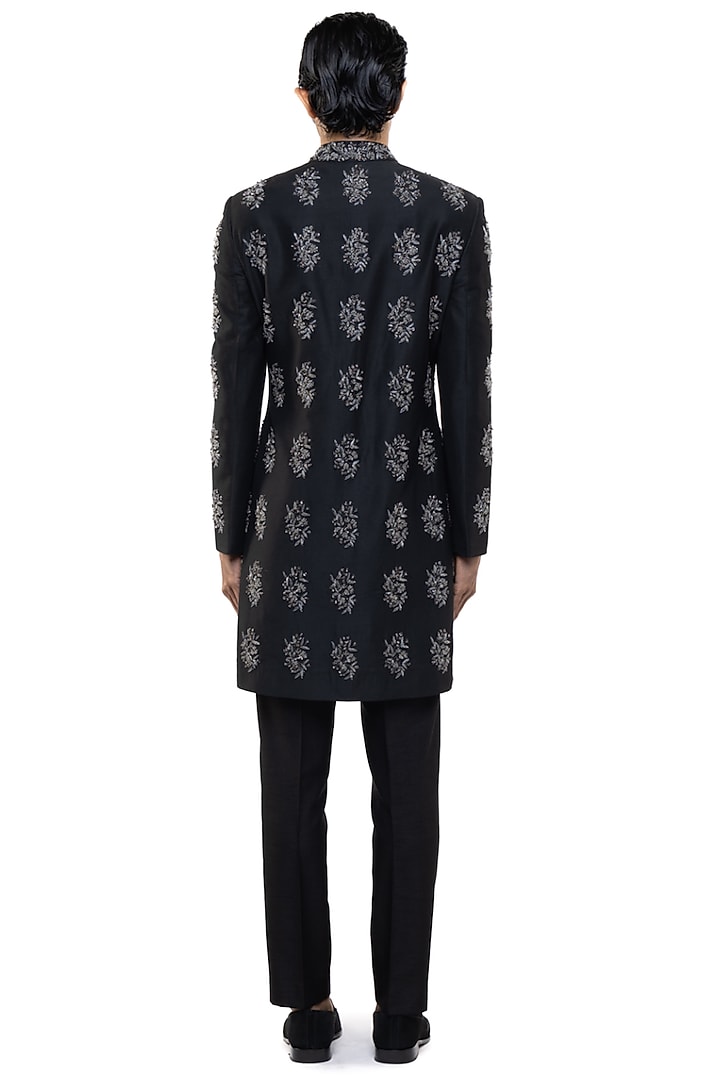 Black Silk Embroidered Groom Sherwani Set by SDS by KUSHAL SHAH at Pernia's Pop Up Shop