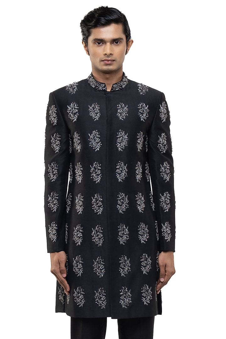 Black Silk Embroidered Groom Sherwani Set by SDS by KUSHAL SHAH at Pernia's Pop Up Shop
