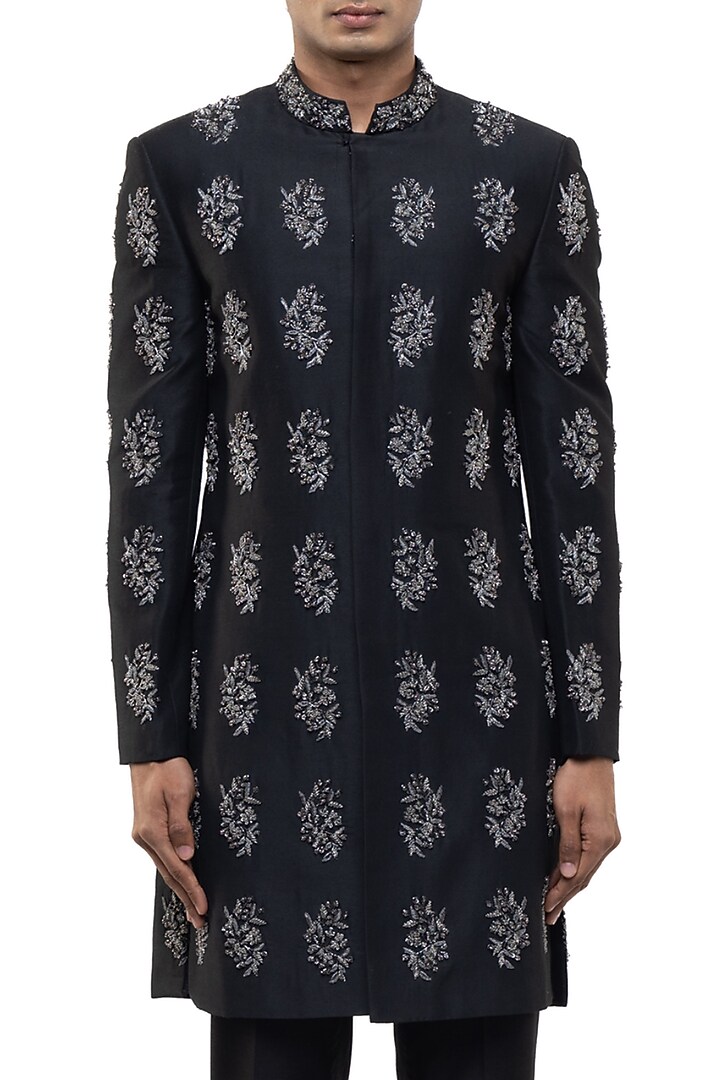 Black Silk Embroidered Groom Sherwani Set by SDS by KUSHAL SHAH at Pernia's Pop Up Shop