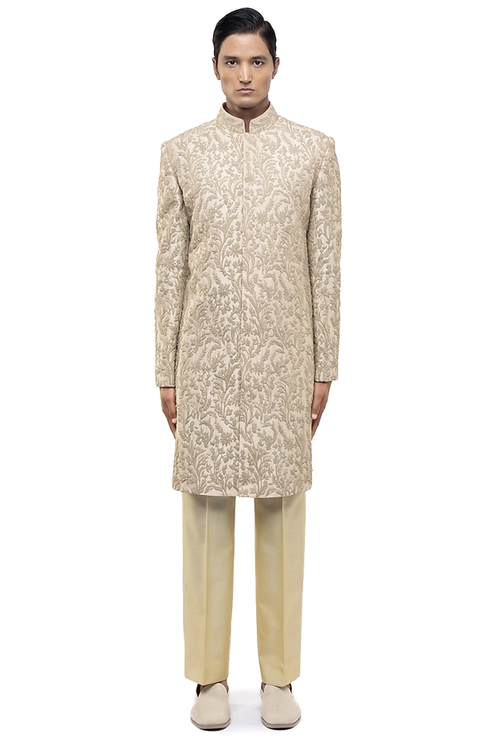 Beige Silk Hand Embroidered Groom Sherwani Set by SDS by KUSHAL SHAH at Pernia's Pop Up Shop