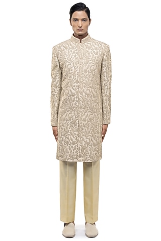 Beige Silk Hand Embroidered Sherwani Set by SDS by KUSHAL SHAH