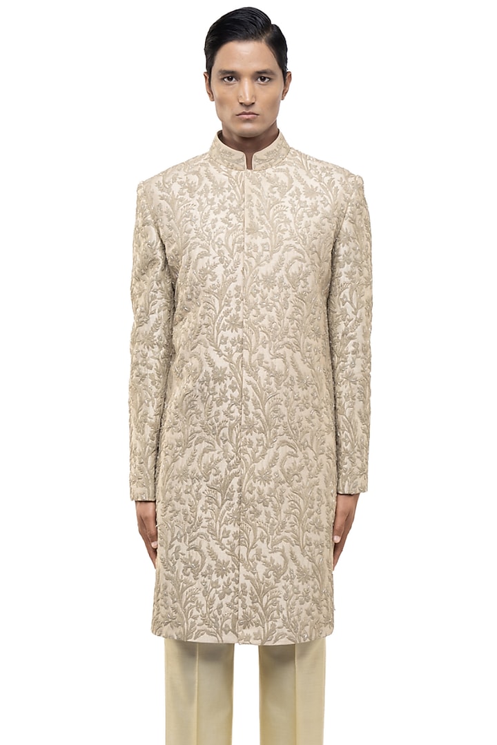 Beige Silk Hand Embroidered Groom Sherwani Set by SDS by KUSHAL SHAH at Pernia's Pop Up Shop