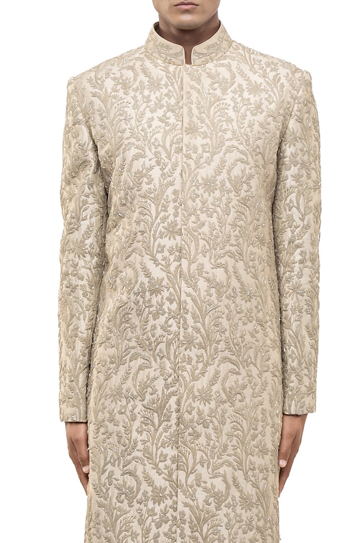 Beige Silk Hand Embroidered Groom Sherwani Set by SDS by KUSHAL SHAH at Pernia's Pop Up Shop