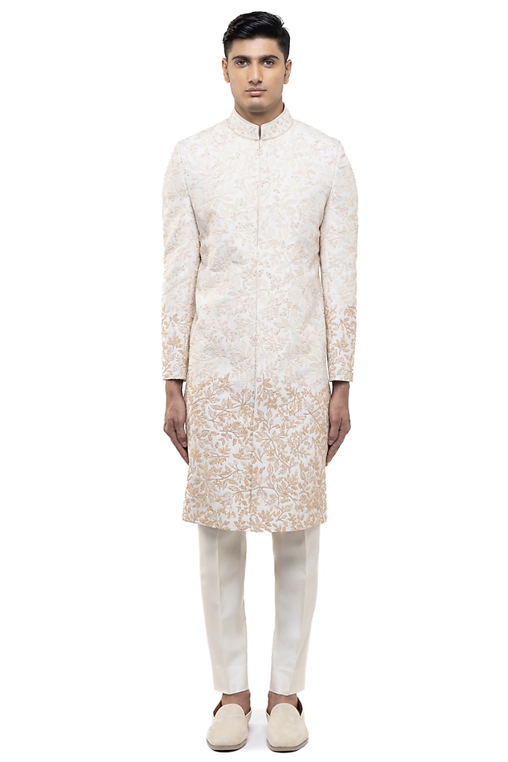 Beige Silk Hand Embroidered Groom Sherwani Set by SDS by KUSHAL SHAH at Pernia's Pop Up Shop