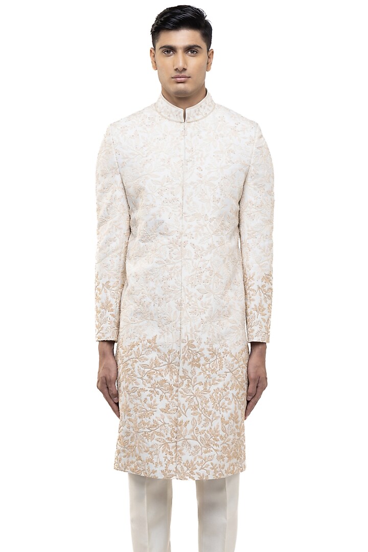 Beige Silk Hand Embroidered Groom Sherwani Set by SDS by KUSHAL SHAH at Pernia's Pop Up Shop