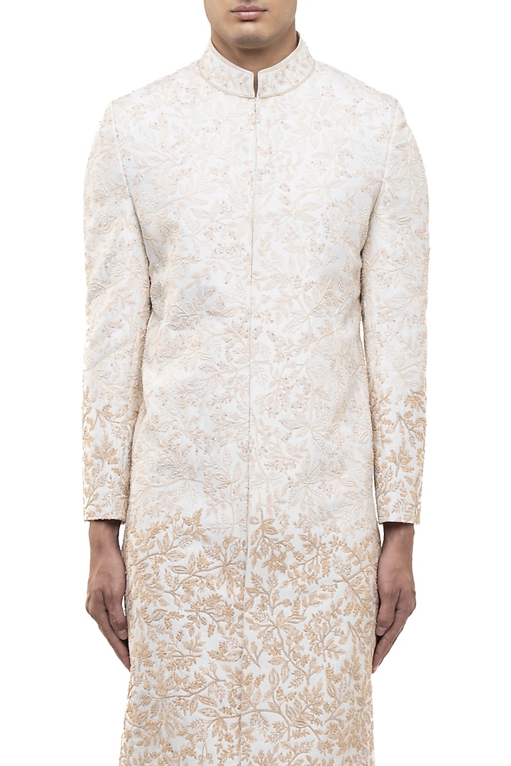 Beige Silk Hand Embroidered Groom Sherwani Set by SDS by KUSHAL SHAH at Pernia's Pop Up Shop