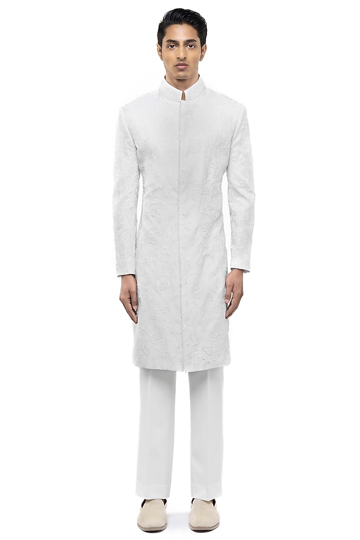 White Silk Embroidered Groom Sherwani Set by SDS by KUSHAL SHAH at Pernia's Pop Up Shop