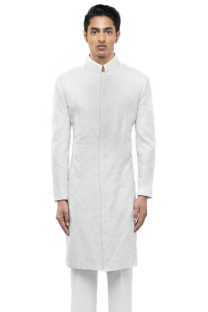 White Silk Embroidered Groom Sherwani Set by SDS by KUSHAL SHAH at Pernia's Pop Up Shop