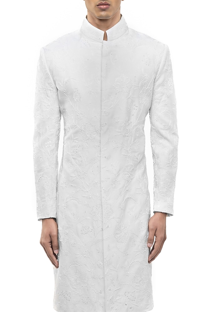 White Silk Embroidered Groom Sherwani Set by SDS by KUSHAL SHAH at Pernia's Pop Up Shop