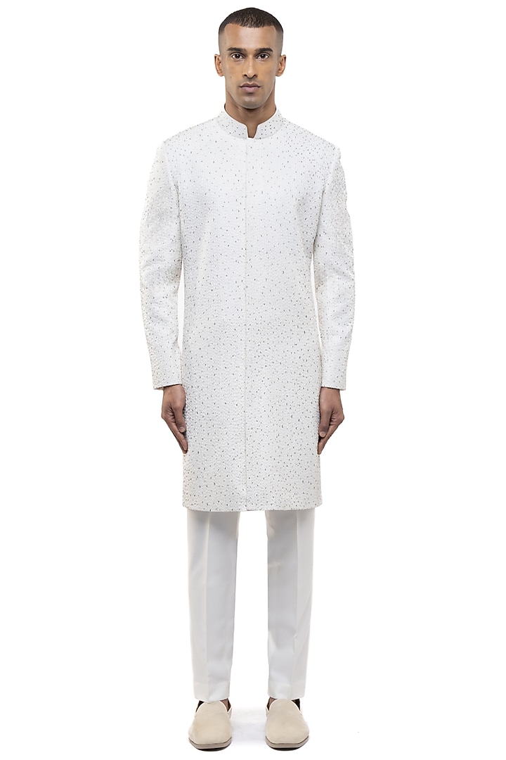 White Silk Embroidered Groom Sherwani Set by SDS by KUSHAL SHAH at Pernia's Pop Up Shop