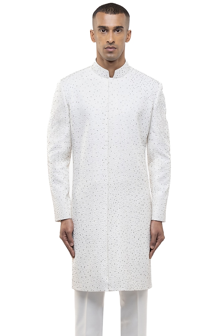 White Silk Embroidered Groom Sherwani Set by SDS by KUSHAL SHAH at Pernia's Pop Up Shop