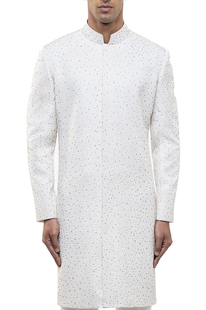 White Silk Embroidered Groom Sherwani Set by SDS by KUSHAL SHAH at Pernia's Pop Up Shop