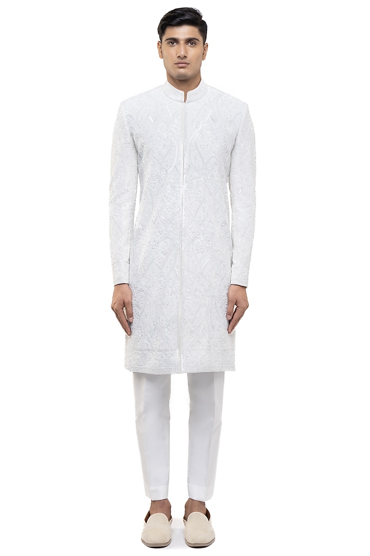 White Silk Embroidered Groom Sherwani Set by SDS by KUSHAL SHAH at Pernia's Pop Up Shop